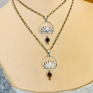 Silver Lotus Flower Necklace with Tigers Eye Bead - Spiritual Boho Jewelry