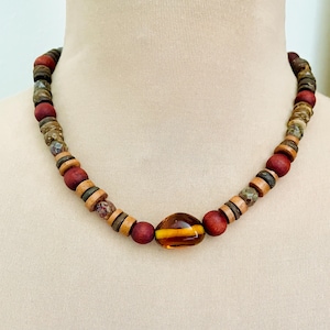 Boho Wood & Coconut Disc Necklace: Czech Glass Nugget, 17 inch