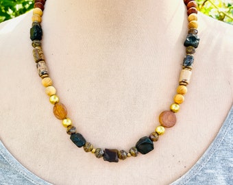 Beaded Mix Gemstone Wood Glass Necklace, Agate Nugget Multi Stone Necklace, Earthy Tone Mixed Bead Necklace, Unisex Necklace