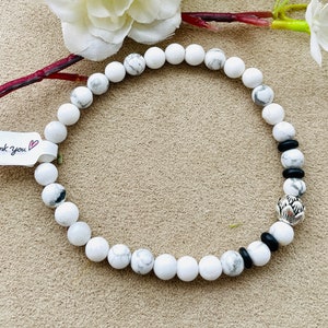 White Howlite with Lotus Flower Bead Bracelet, Gift, Gift For Her, Symbolic, Chic Stone, Gemstone, Earthy Elegance, Boho, Casual Chic image 2