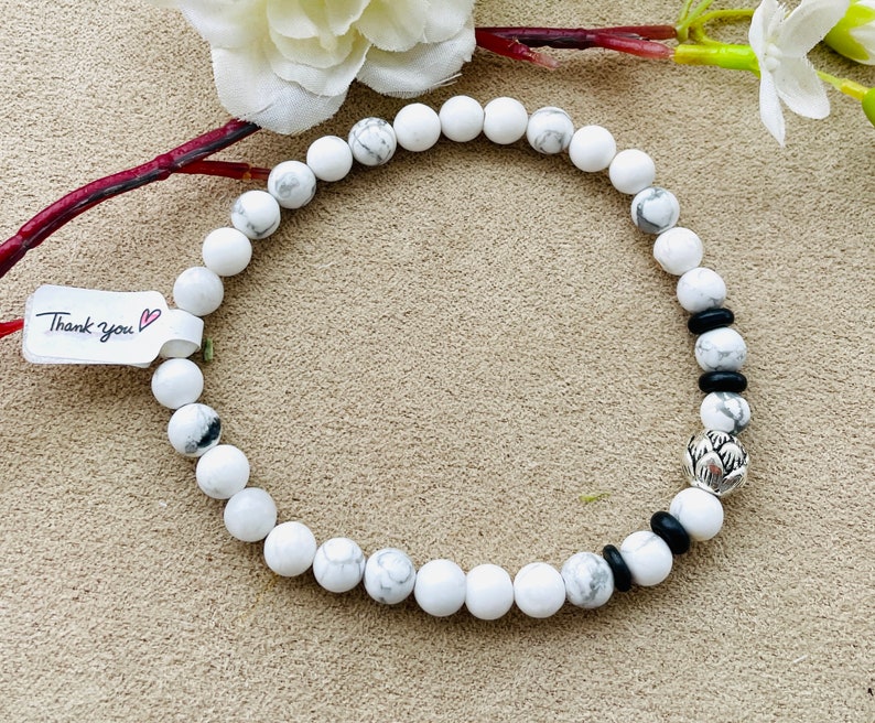 White Howlite with Lotus Flower Bead Bracelet, Gift, Gift For Her, Symbolic, Chic Stone, Gemstone, Earthy Elegance, Boho, Casual Chic image 2
