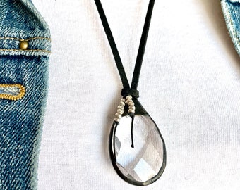 Faceted Glass Pendant Necklace, Black Patina Chandelier Crystal Pendant Necklace, Faceted Glass Pendant on Faux Suede, Vegan Cord Jewelry
