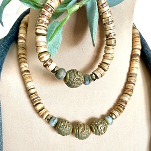 Coconut Bead Necklace Bracelet Set: Czech Glass, Pyrite & Lucite