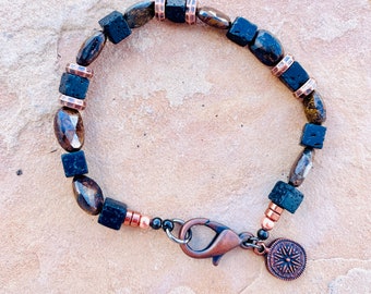 Bronzite Lava Copper Clasp Large Sized Bracelet, Men's Bracelet, Unisex, OOAK, Classic Casual, Boho Chic, Earthy Casual
