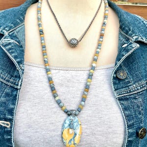 Maligano Jasper Statement Necklace, Yellow Jade, Picture Jasper, Grey Java Glass Beads