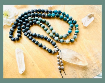 Large Raw Quartz Crystal with Mixed Gemstones, Mala with Crystal Pendant, Indigo Gabbro, Apatite, Eagle Eye, Healing, Boho Chic Jewelry