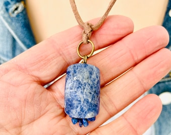 Natural Lapis Stone accented with Lapus Chip beads Boho hangs on Faux Suede, Modern Boho