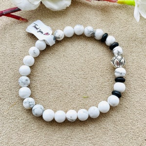 White Howlite with Lotus Flower Bead Bracelet, Gift, Gift For Her, Symbolic, Chic Stone, Gemstone, Earthy Elegance, Boho, Casual Chic image 3