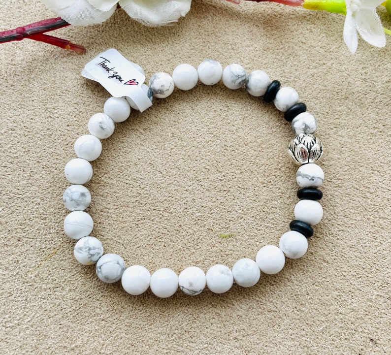White Howlite with Lotus Flower Bead Bracelet, Gift, Gift For Her, Symbolic, Chic Stone, Gemstone, Earthy Elegance, Boho, Casual Chic image 3