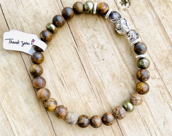 Earthy Matte Bronzite, Pyrite, Czech Bead Stretch Bracelet, Boho Rustic, Gift, Earth tones, Casual Chic, Brown Bracelet, OOAK, Handmade