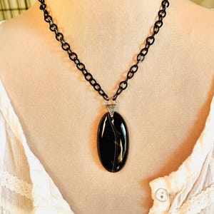 Black Banded Agate Pendant: Chunky Matte Black Chain, Earthy Jewelry