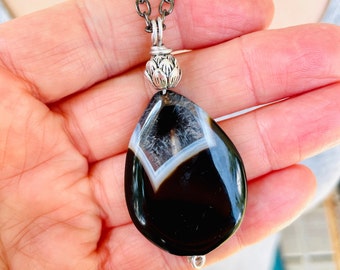 Black Agate Pendant Necklace, Black Agate Gemstone Pendant, Black Agate Pendant, Large Black Agate Pendant on Long Chain, Black Pendant