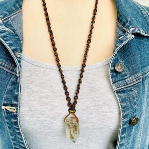 Phantom Quartz Necklace: Hand Woven Faux Suede Chain, Earthy Boho