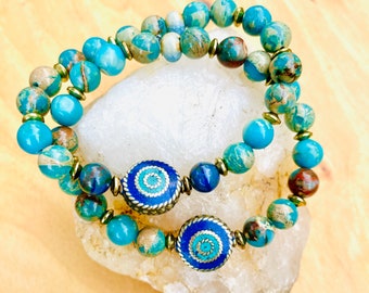 Impressie Jasper Kraal Armband, Jaspis en Tsjechische Glazen Kraal Armband, Etnische Jaspis Armband, Tibetaans Zilver Turquoise Swirl kraal Armband