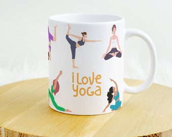 beautiful mug with yoga poses, gift for yoga teacher, coffee mug with yoga motif, inspirational gift, namaste, yoga