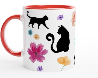 Coffee cup with flowers and cats Gift for cat lovers Flower lovers gift for mother Cat cup several colors