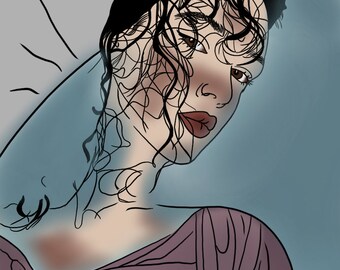 May include: A digital illustration of a woman with long, dark hair. She is wearing a purple shirt and has a soft, dreamy expression on her face.