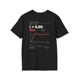 Puede incluir: Una camiseta negra de manga corta con un estampado gráfico blanco y naranja en la espalda. El diseño muestra texto de ingeniería, un símbolo zeta matemático, un porcentaje, un valor máximo, un gráfico de sistema y el texto Kings&Desing.
