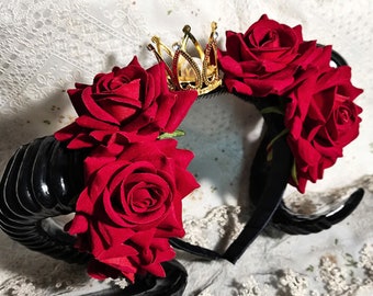 Schwarzes Gothic Rose Horns Stirnband Big Horns Haarnadel Rose Crown Stirnband Cosplay Zubehör Queen Stirnband