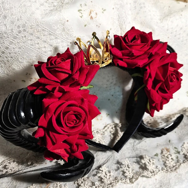 Black Gothic Rose Horns Headband Big Horns Hairpin Rose Crown Headband Cosplay Accessories Queen Headband