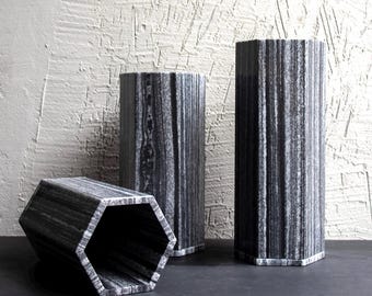 Aqua Black Marble Hexagonal Vase: Decorative Stone Planter Pot, Wedding Decor