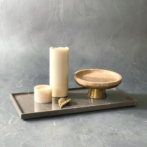 Warm Grey Marble Tray, Natural Stone Vanity Organizer, Taupe Stone Accent Piece