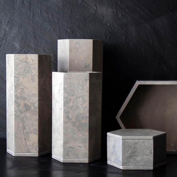 Hexagonal Azul Ataija Marble Vase: Desk Organizer, Planter Pot