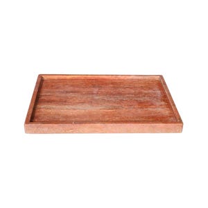 May include: A rectangular wooden tray with a raised border. The tray is made of reddish-brown wood with a visible grain and a slightly distressed appearance. The tray is empty and sits against a white background.