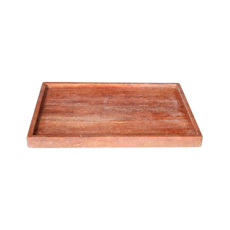 May include: A rectangular wooden tray with a raised border. The tray is made of reddish-brown wood with a visible grain and a slightly distressed appearance. The tray is empty and sits against a white background.