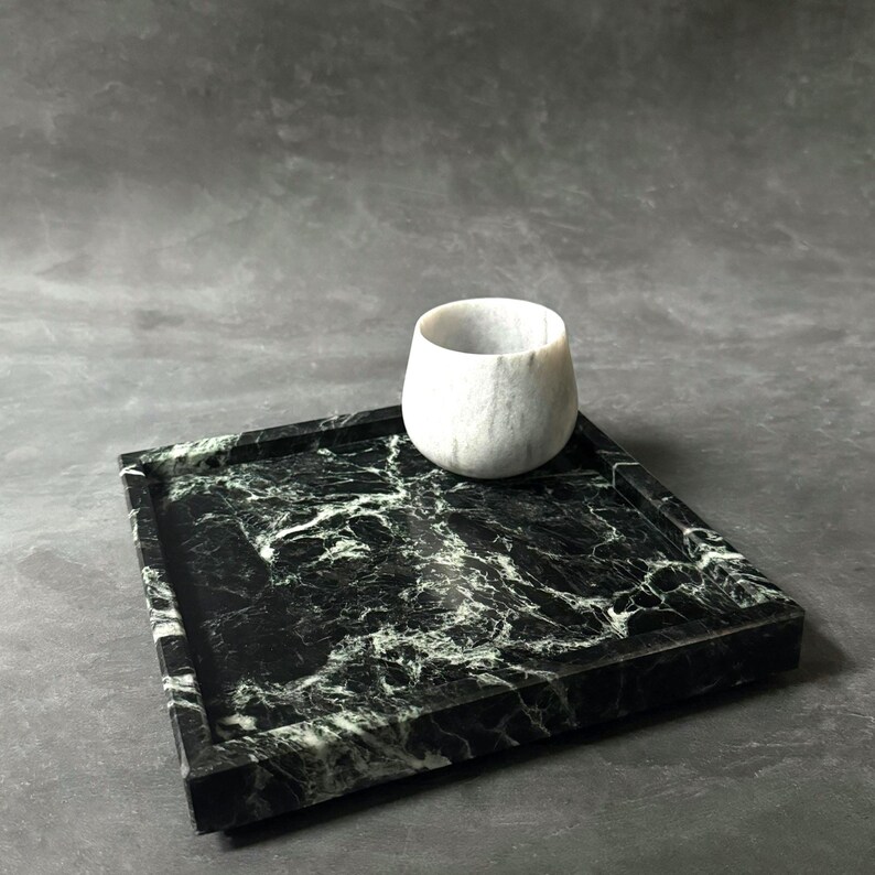 Green Marble Vanity Tray: Verde Tinos Marble Tray, Dark Green Natural Stone Vanity Tray, Emerald Green Stone Tray, Luxury Home Decor Gift Small - 8x8x1"