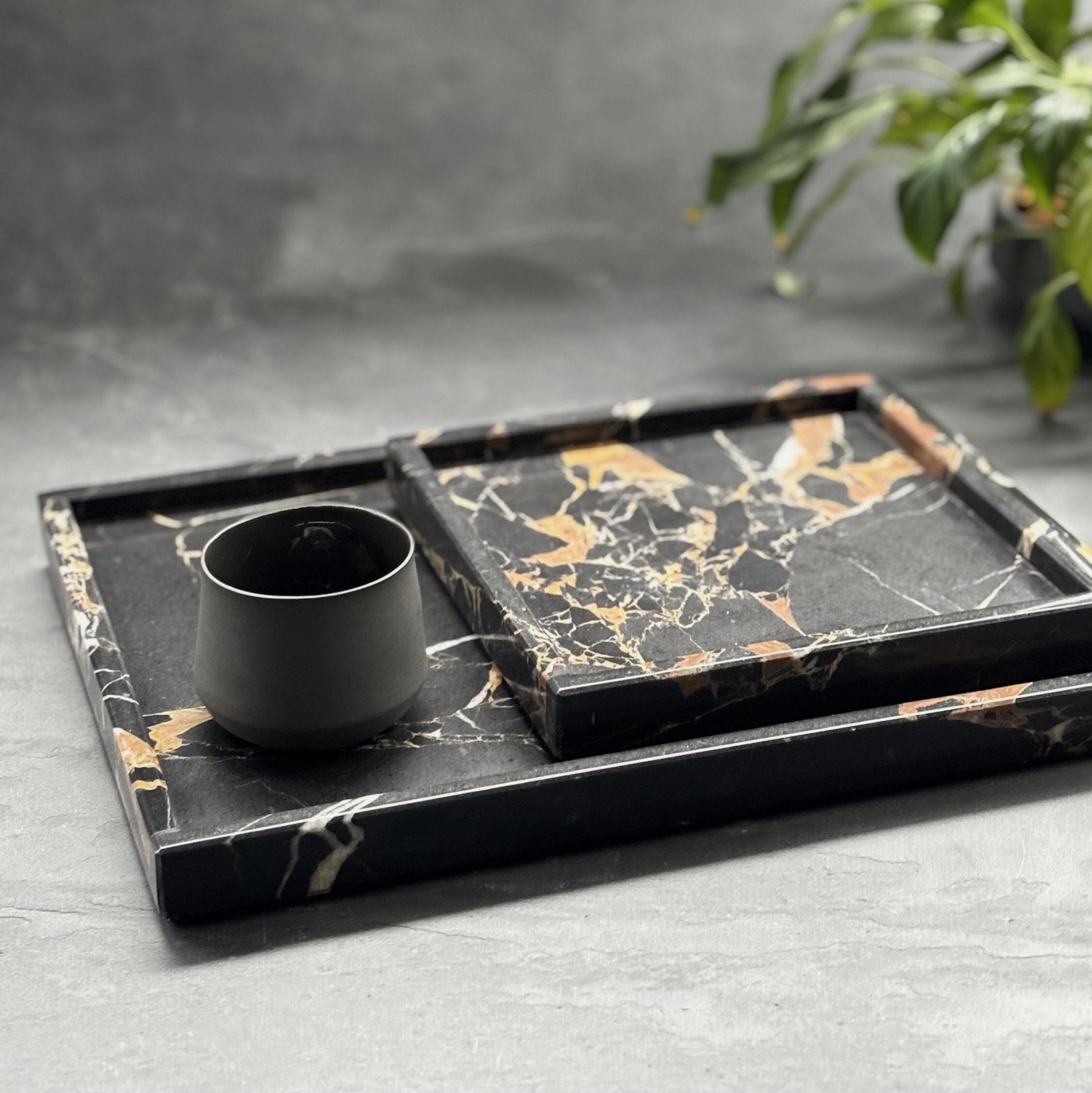 Portoro Gold Marble Tray, Black Gold Natural Stone Vanity Tray