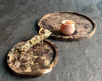 Emperador Brown Marble Round Tray, Natural Stone Vanity Organizer, Designer Stone Decor, Circular Marble Tray, Luxury Housewarming Gift