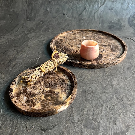 Emperador Brown Marble Round Tray, Natural Stone Vanity Organizer, Designer Stone Decor, Circular Marble Tray, Luxury Housewarming Gift