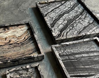 Black Forest Marble Tray, Natural Stone Bathroom Organizer, Dark Wood Grain Accent