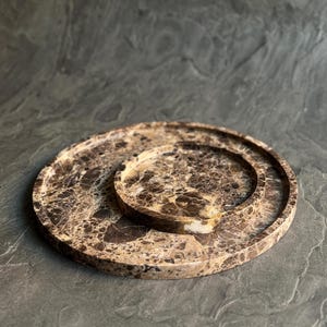 Emperador Dark Circle Marble Decorative Trays, Natural Stone Round Tray, Decorative Marble Tray, Brown Bathroom Organizer Tray, Perfume Tray