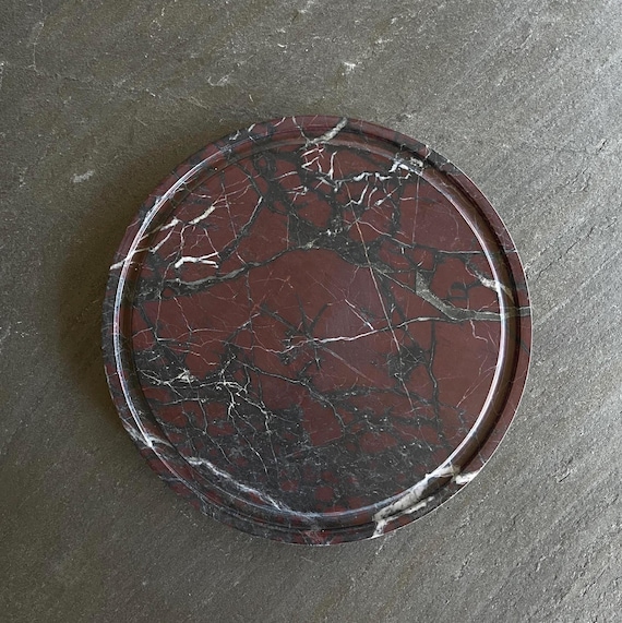 Agra Red Marble Tray: Burgundy Round Vanity Decor (11.8")