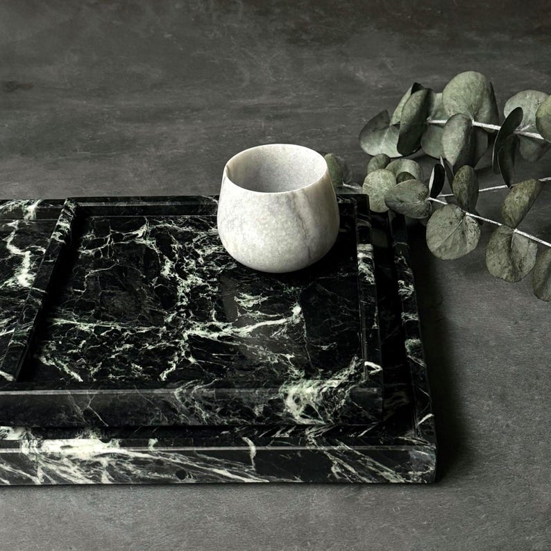 Green Marble Vanity Tray: Verde Tinos Marble Tray, Dark Green Natural Stone Vanity Tray, Emerald Green Stone Tray, Luxury Home Decor Gift image 3