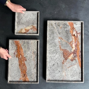 Copper Vein Grey Marble Tray, Natural Stone Vanity Tray, Grey and Rust Stone Tray, Earthy Marble Home Decor, Luxury Housewarming Gift