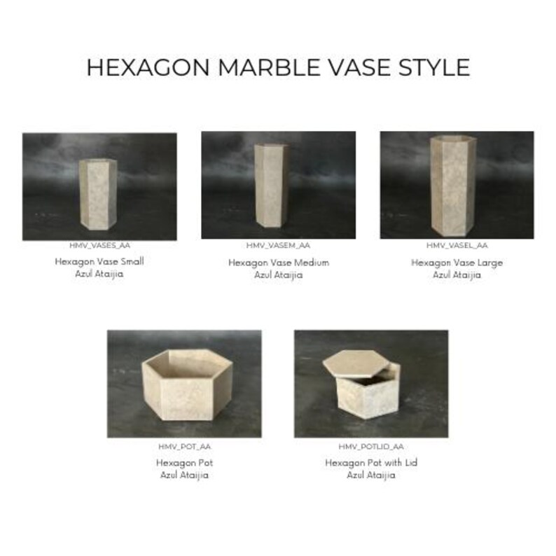 May include: A collection of hexagon-shaped marble vases and pots in various sizes. The image includes a small, medium, and large vase, along with a pot and a pot with a lid. The text "HEXAGON MARBLE VASE STYLE" is at the top.