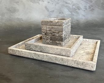 Thunder Grey Marble Tray: Raised Edge Natural Stone Organizer, Coffee Table Decor