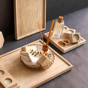 Bandejas decorativas de travertino beige, bandeja de tocador de piedra beige para dormitorio, decoración de piedra natural para el hogar, bandejas organizadoras de escritorio, decoración moderna para habitaciones