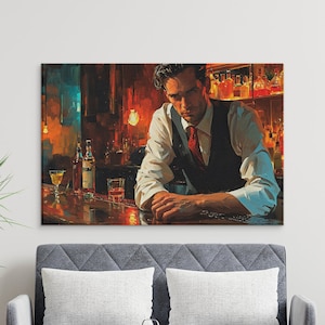 Vintage Bar Scene Canvas Art, Classic Bartender Painting, Retro Man at Bar, Wall Decor, Home Bar Artwork, Unique Giclee Print, Gift