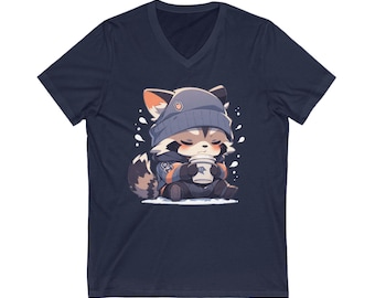 Cute Coffee Raccoon V-Neck T-Shirt