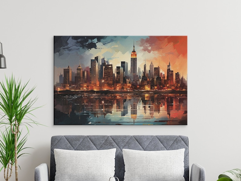 Abstract New York City Skyline Canvas Print, Colorful Sunset Urban Wall