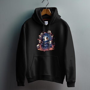 Fantasy Skull Character Hoodie, Gothic Art Print Sweatshirt, Unisex Mystical Pullover, Cozy Spooky Apparel, Casual Streetwear