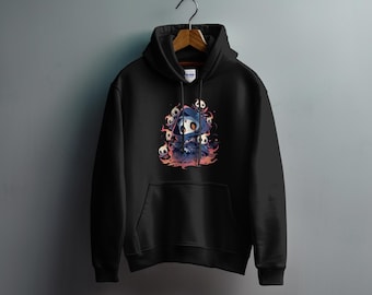 Fantasy Skull Character Hoodie, Gothic Art Print Sweatshirt, Unisex Mystical Pullover, Cozy Spooky Apparel, Casual Streetwear
