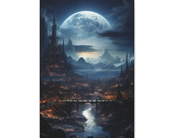 Majestic Moonlight Cityscape: Lunar Fantasy Realm Canvas Art