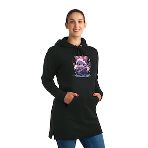 Cute Cat Guitarist Hoodie Dress, Anime Inspired Feline Music Lover, Long Sleeve Casual Dress, Kawaii Streetwear Fashion for Women