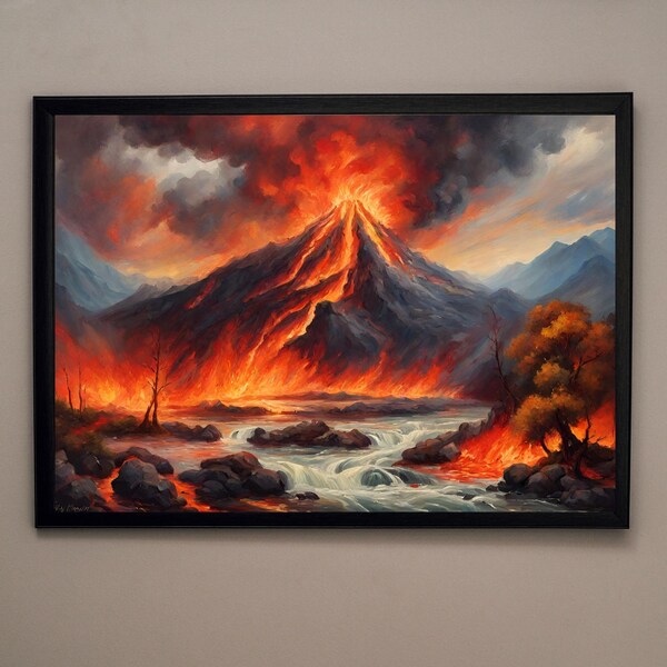 Epic Fury: Volcanic Eruption Landscape Painting with Lava Flow and Thunderous Skies, Vintage Country Landscape Art, Digital Wall Art