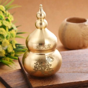 Feng Shui Chinese Brass Hu Lu Gourd - Fire Dragon Vase - Treasure Statue for Fortune Protection and Home Decoration - Bi Huo Long Ping